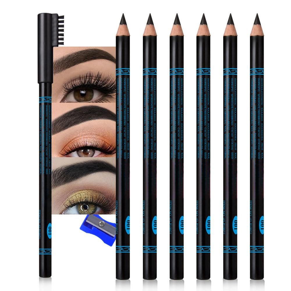 WanTuoluo Eyebrow Pencils for Women with Sharpener, 6Pcs Hard-Core Wooden Eye Brow Eye Liner Pencils for Beginner Makeup, Waterproof & Sweat-Proof (Brown-6Pcs)