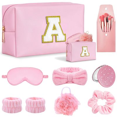 Makeup Gift Set Initial Cosmetic Bag, Pink Spa Accessories, Satin Eye Mask & Headband; Spa Party Supplies for Girls, Sleepover Party Supplies Gifts for Teen Girls Bridesmaid