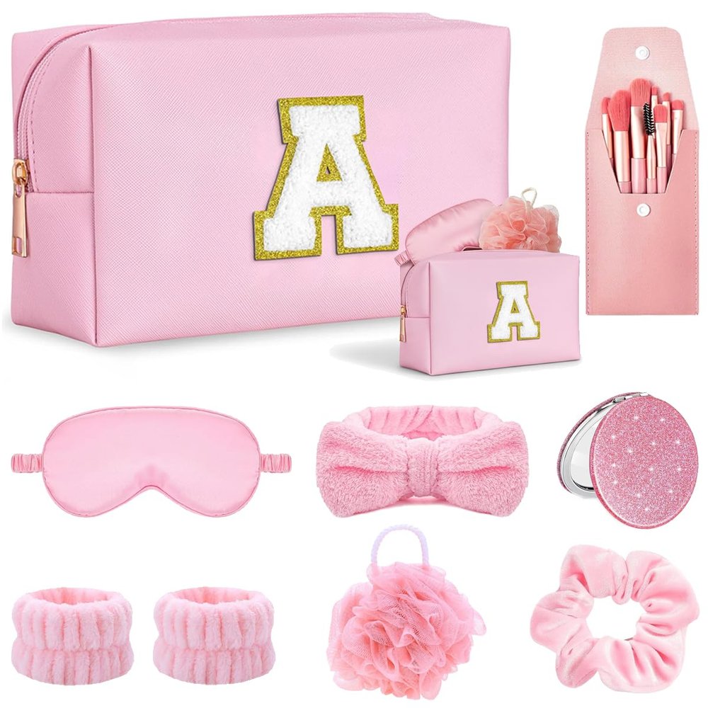 Makeup Gift Set Initial Cosmetic Bag, Pink Spa Accessories, Satin Eye Mask & Headband; Spa Party Supplies for Girls, Sleepover Party Supplies Gifts for Teen Girls Bridesmaid