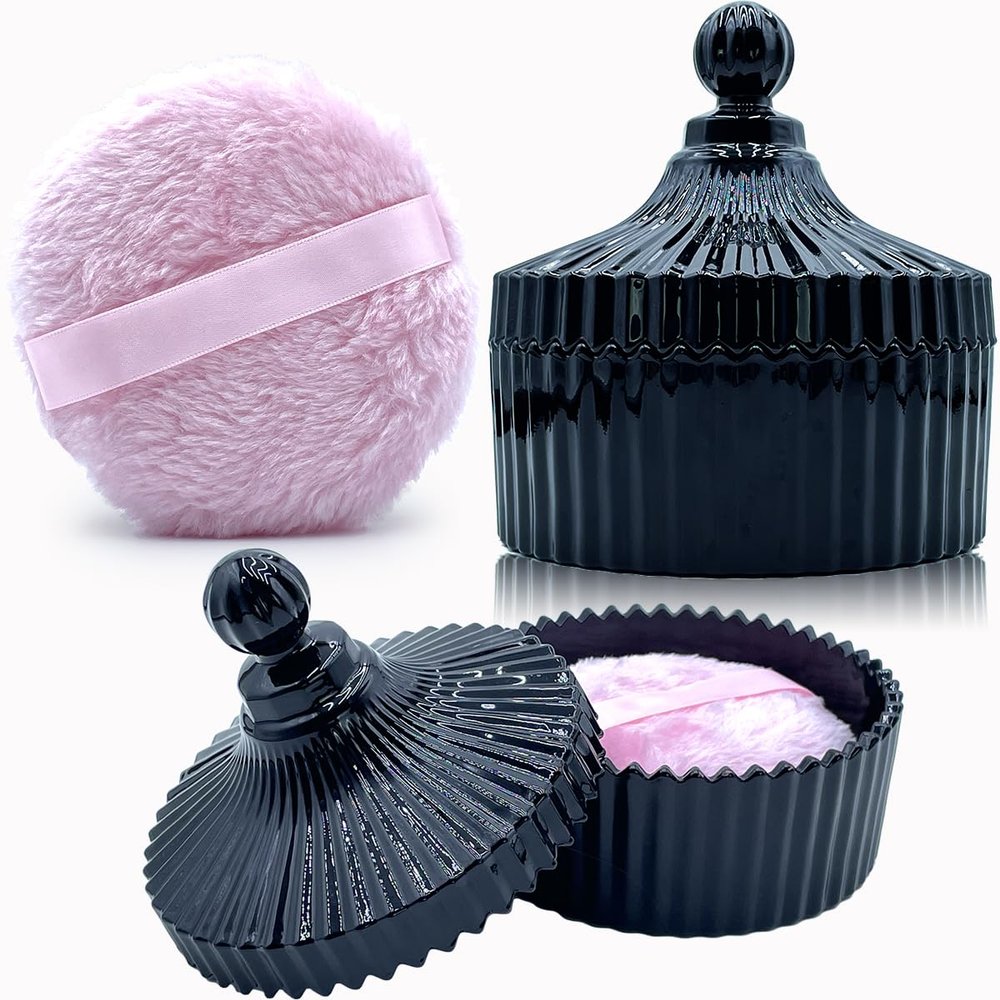 4.3 Inch Ultra Fluffy Body Powder Puff & 5.3 Inch Large Glass Jar Set,Dusting Powder Container with Puff,Multi-purpose Storage Holder Dish,Gothic Decor for Bedroom,Bathroom,Home(Black)