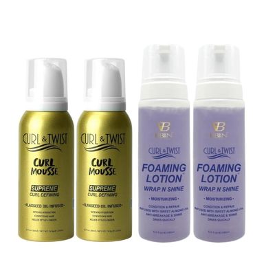 EBIN NEW YORK Curly Hair Mousse for Women & Men  2x Curl & Twist Curl Defining Mousse 80ml Bundle with 2x Foaming Lotion Moisturizing 8.5oz Lightweight Hold for Defined Curls Gift Set (4 Items)