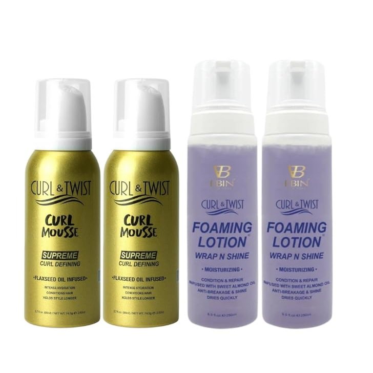 EBIN NEW YORK Curly Hair Mousse for Women & Men  2x Curl & Twist Curl Defining Mousse 80ml Bundle with 2x Foaming Lotion Moisturizing 8.5oz Lightweight Hold for Defined Curls Gift Set (4 Items)