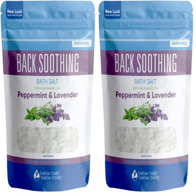 Back Soothing Bath Salt 32 Ounces Epsom Salt with Natural Bergamot, Lavender, Eucalyptus and Peppermint Essential Oils Plus Vitamin C in BPA Free Pouch with Easy Press-Lock Seal (Pack of 2)