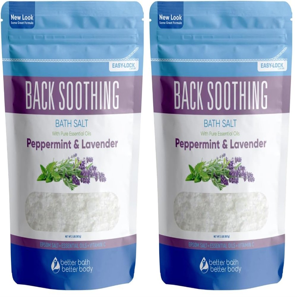 Back Soothing Bath Salt 32 Ounces Epsom Salt with Natural Bergamot, Lavender, Eucalyptus and Peppermint Essential Oils Plus Vitamin C in BPA Free Pouch with Easy Press-Lock Seal (Pack of 2)