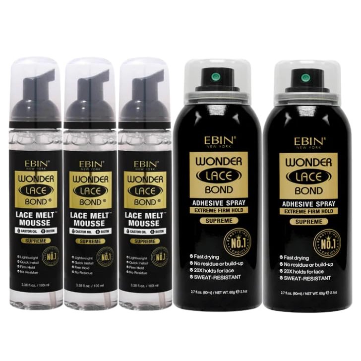 EBIN NEW YORK Ebin Lace Melting Spray  3x Wonder LaceBond Lace Melt Mousse 8.5oz Bundle with 2x Adhesive Spray Supreme 2.7oz Secure Hold & Seamless Blending  Gift Set (5 Items)