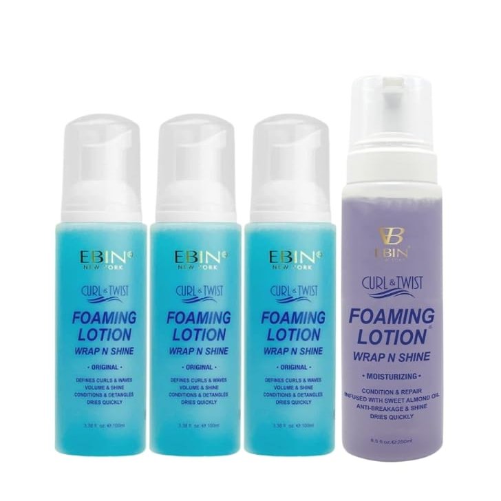 EBIN NEW YORK Hair mousse 3x Curl & Twist Foaming Lotion Original Travel Size Bundle with 1x Moisturizing Foaming Lotion Curl Definition, Shine & Frizz Control Gift Set (4 Items)