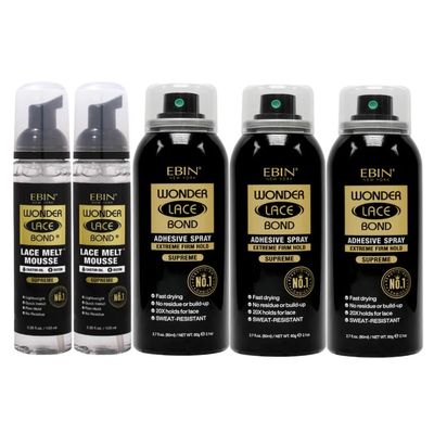 EBIN NEW YORK Ebin Lace Melting Spray  2x Wonder LaceBond Lace Melt Mousse 8.5oz Bundle with 3x Adhesive Spray Supreme 2.7oz Secure Hold & Seamless Blending  Gift Set (5 Items)