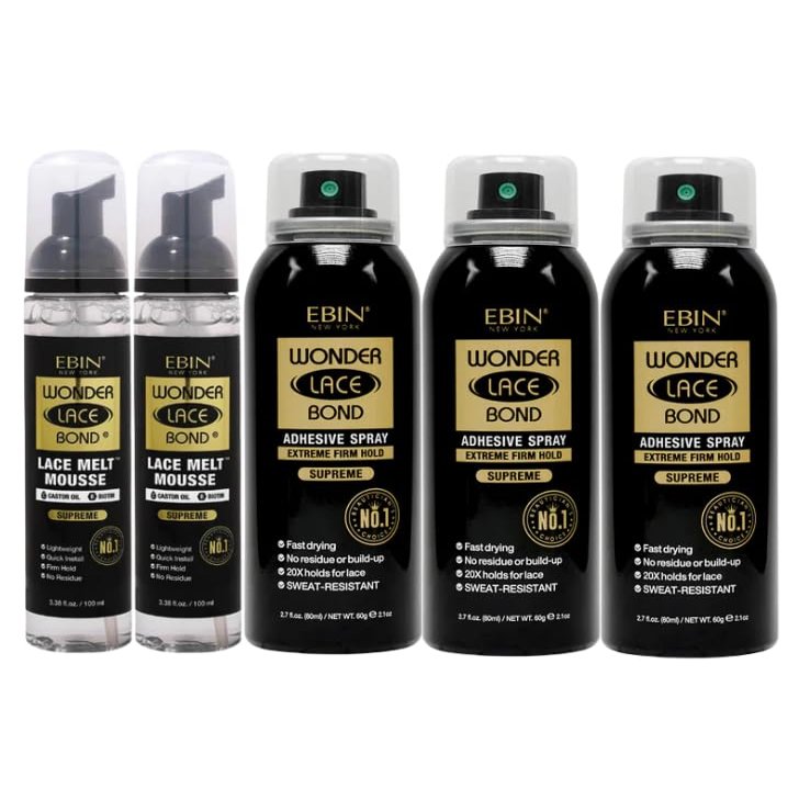 EBIN NEW YORK Ebin Lace Melting Spray  2x Wonder LaceBond Lace Melt Mousse 8.5oz Bundle with 3x Adhesive Spray Supreme 2.7oz Secure Hold & Seamless Blending  Gift Set (5 Items)