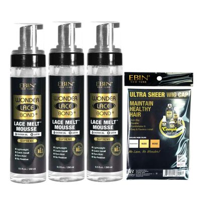 EBIN NEW YORK Ebin Lace Melting Spray  3x Wonder LaceBond Lace Melt Mousse 8.5oz Bundle with WonderLace Bond HD Wig Cap Secure Hold & Seamless Blending Wig Care  Gift Set (4 Items)