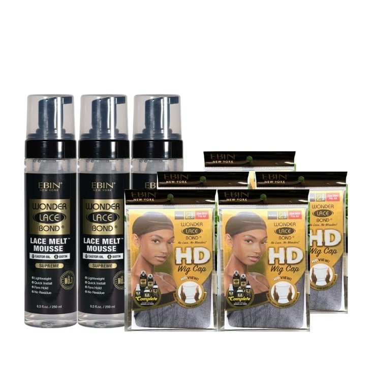 EBIN NEW YORK Lace Melting Spray  3x Bond Lace Melt Mousse 250ml Bundle with 5x HD Wig Cap 4pcs Nude Nylon Seamless Hold & Comfortable Fit  Gift Set (8 Items)