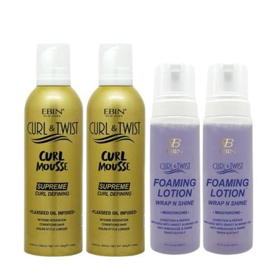 EBIN NEW YORK Hair Mousse  2x Curl & Twist Curl Mousse Defining 354ml Bundle With 2x Foaming Lotion Moisturizing Definition, Hydration & Frizz Control  Gift Set (4 Items)