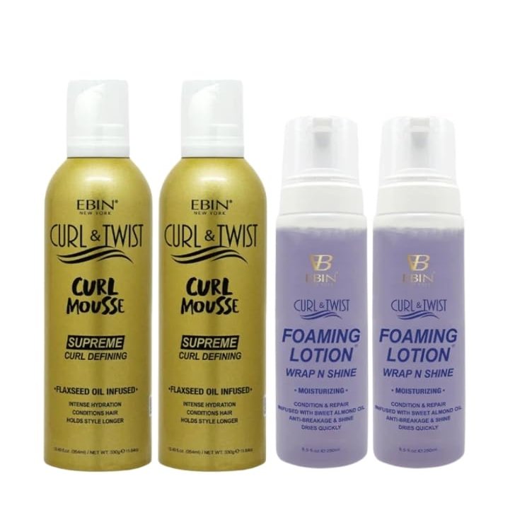 EBIN NEW YORK Hair Mousse  2x Curl & Twist Curl Mousse Defining 354ml Bundle With 2x Foaming Lotion Moisturizing Definition, Hydration & Frizz Control  Gift Set (4 Items)