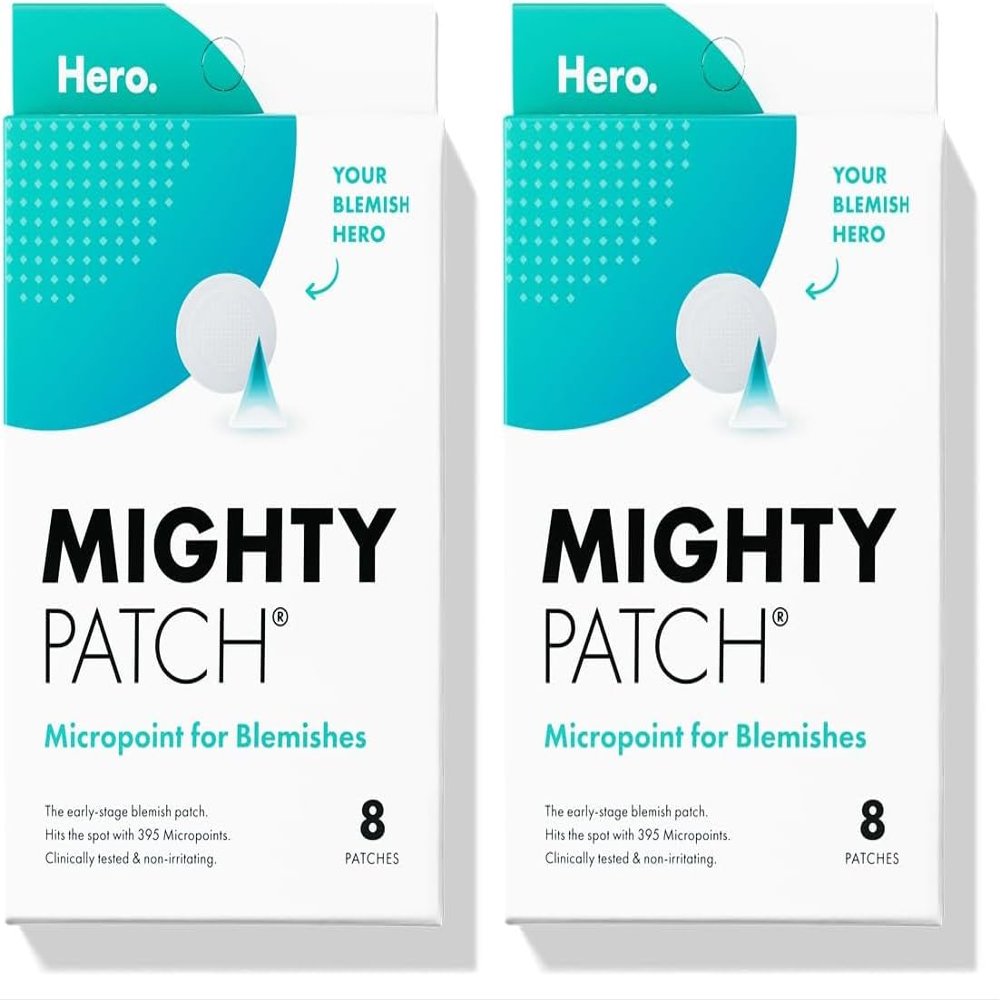 Mighty Patch Micropoint Large Hydrocolloid Pimple Patches for Face Blemishes from Hero Cosmetics, Acne Stickers for Early Stage Zits & Hidden Pimples, 395 Proprietary Micropoints, 8 Count (Pack of 2)