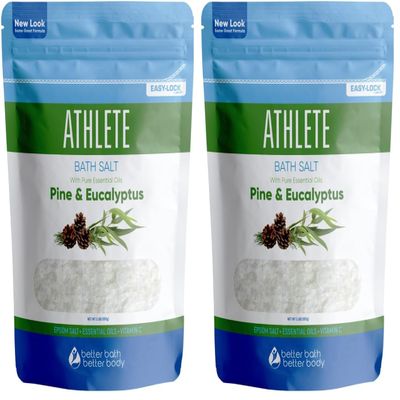 Athlete Bath Salt 32 Ounces Epsom Salt with Natural Lavender, Pine, Peppermint and Eucalyptus Essential Oils Plus Vitamin C in BPA Free Pouch with Easy Press-Lock Seal (Pack of 2)