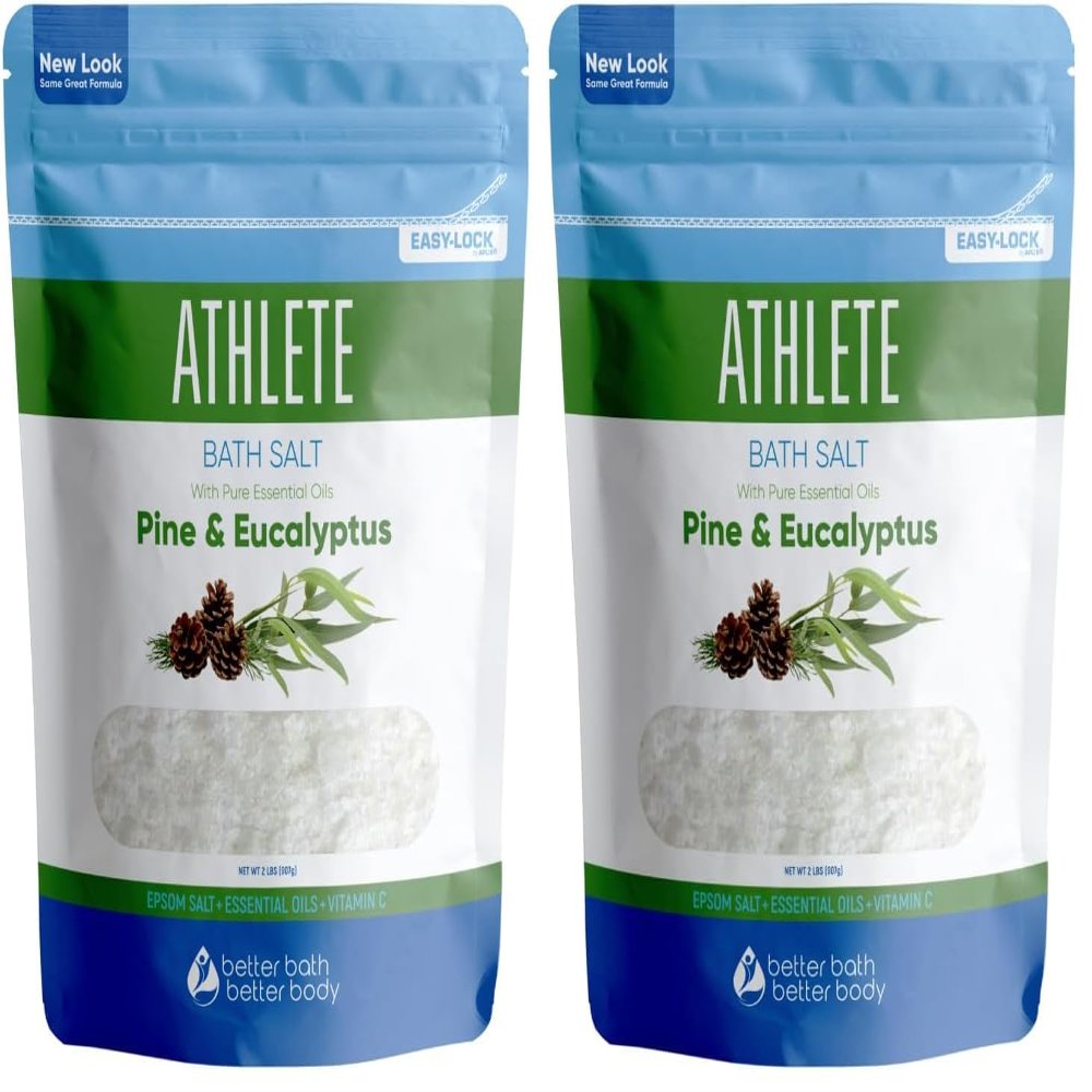 Athlete Bath Salt 32 Ounces Epsom Salt with Natural Lavender, Pine, Peppermint and Eucalyptus Essential Oils Plus Vitamin C in BPA Free Pouch with Easy Press-Lock Seal (Pack of 2)