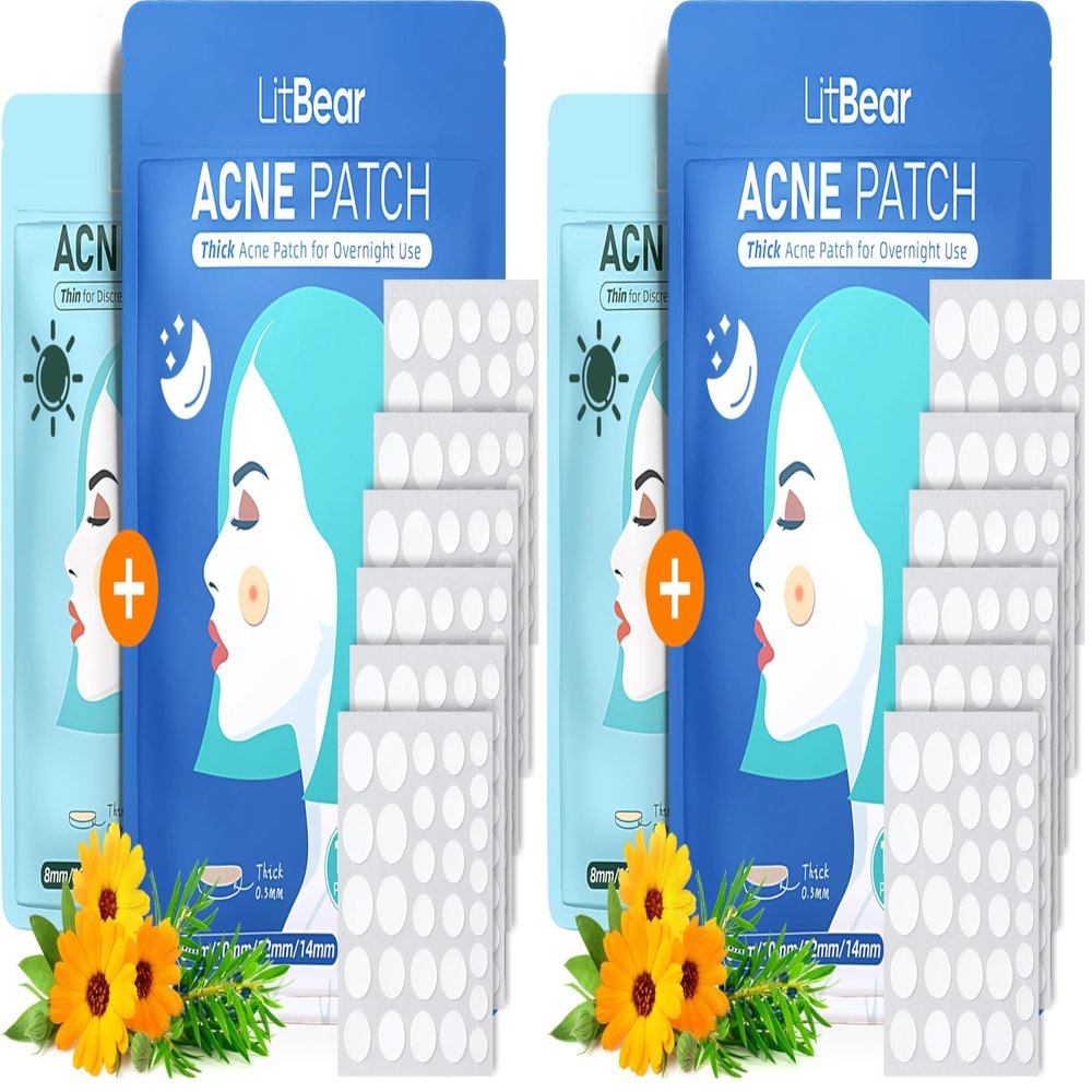 LitBear Acne Pimple Patches- Day and Night 4 Sizes 180 Dots Thin & Thick Hydrocolloid Patches with Witch Hazel, Tea Tree & Calendula Oil, Extra Adhesion for Face Zit Patch Dots (Pack of 2)