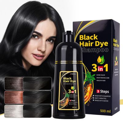 3-in-1 Black Hair Dye Shampoo, Natural Herbal Formula with Ginseng Extract, Multiple Color Options, 500ml (Black)