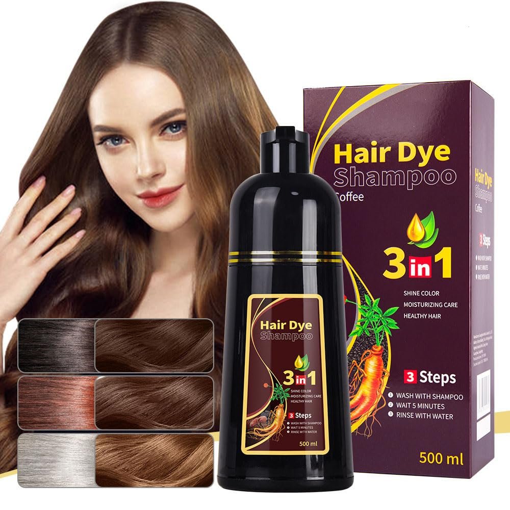 3-in-1 Black Hair Dye Shampoo, Natural Herbal Formula with Ginseng Extract, Multiple Color Options, 500ml (Coffee)