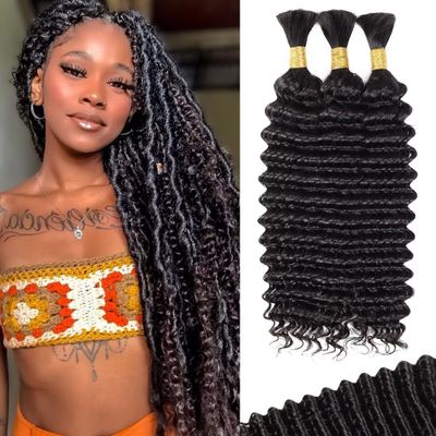 100g 3 bundles Human Braiding Hair for Boho Braids 18 Inch Curly Boho Hair for Braiding Knotless 12A Deep Wave Bulk Bohemian Natural Black