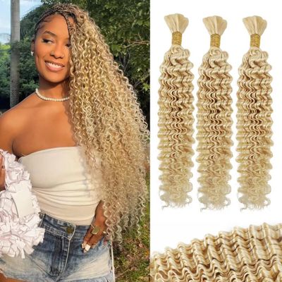 100g 3 bundles 613 Blonde Human Braiding Hair Deep Water Wave Bulk 18 Inch Curly Human Hair for Boho Braids Hair Extensions No Weft 3 Braids Per Pack