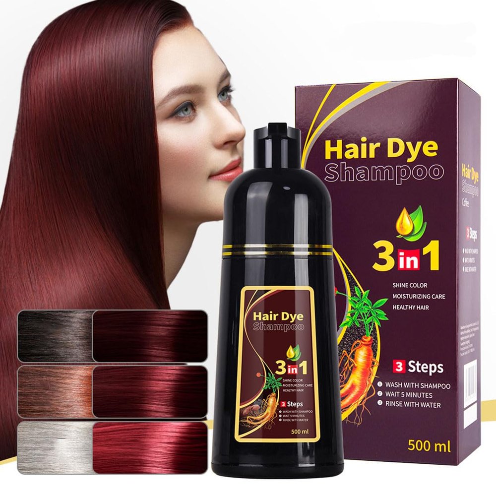 3-in-1 Black Hair Dye Shampoo, Natural Herbal Formula with Ginseng Extract, Multiple Color Options, 500ml (Deep wine red)