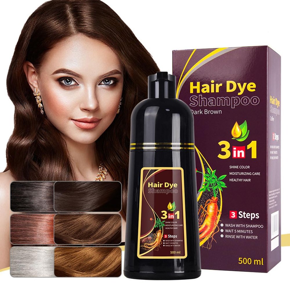3-in-1 Black Hair Dye Shampoo, Natural Herbal Formula with Ginseng Extract, Multiple Color Options, 500ml (Dark brown)