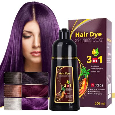 3-in-1 Black Hair Dye Shampoo, Natural Herbal Formula with Ginseng Extract, Multiple Color Options, 500ml (Purple)