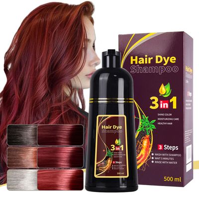 3-in-1 Black Hair Dye Shampoo, Natural Herbal Formula with Ginseng Extract, Multiple Color Options, 500ml (Wine red)