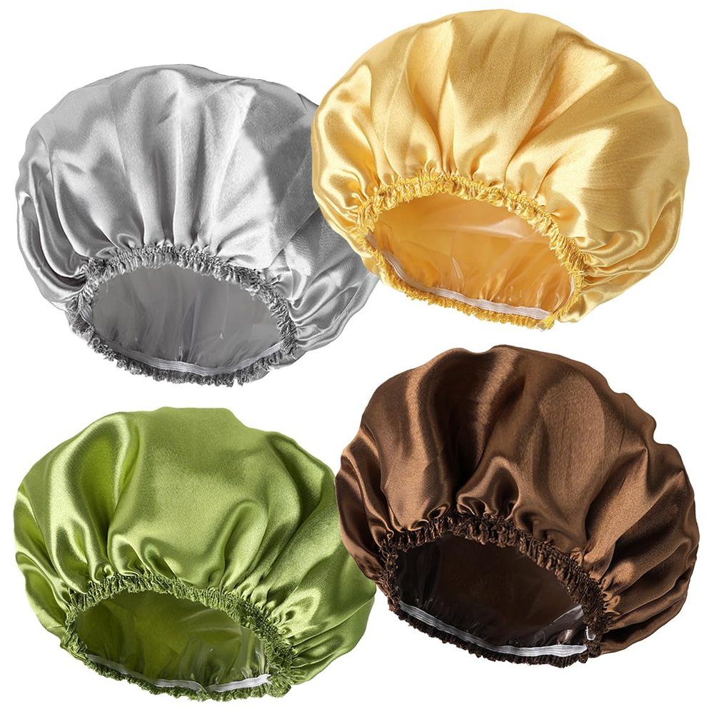 4 PCS Shower Cap for Women, Elastic and Reusable Bath Caps, Double Layers Shower Caps Reusable Waterproof, Bathing Shower Caps, Environmental Bath Hair Protection Cap -Gold+Green+Silver Gray+Brown