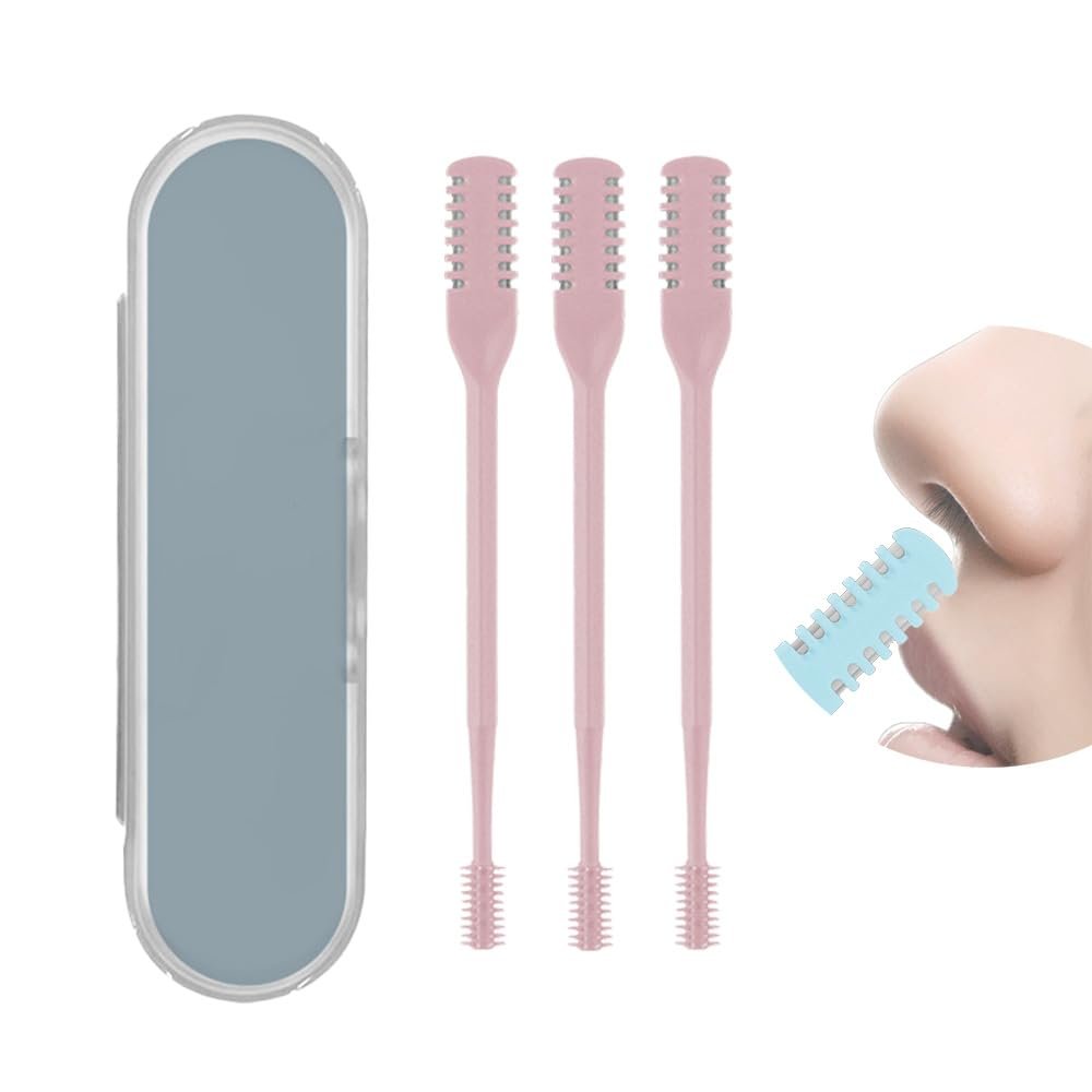 2 in 1 Nasal Hair Cutter, Double Sided Nose Hair Trimmer for Men Women, 360 Rotating Nose Hair Knife with Ear Picker, for Home Travel Essentials (Pink, 3pcs)