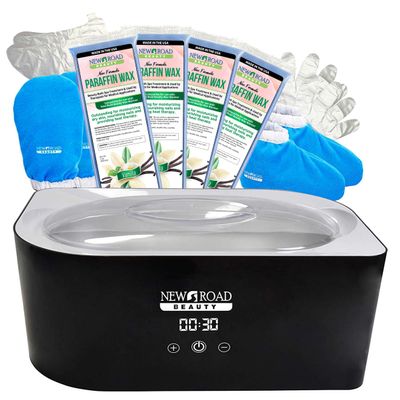 New Road Beauty - Paraffin Wax Machine for Hand and Feet, Paraffin Wax Kit, Quick Heating Touch Screen Paraffin Bath, Blue Terry-Cloth Mitts and Booties, Paraffin Wax for Arthritis, 4-Pack Vanilla
