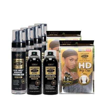 EBIN NEW YORK 4x Wonder Lace Melt Mousse bundle with 2x Wonder Bond Wig Adhesive Spray - Supreme & 2xWonder Lace Bond HD Caps Secure Melt & Precision Wig Application  Gift Set (8 Items)