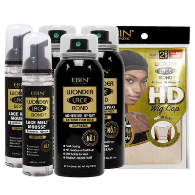 EBIN NEW YORK 2x Wonder Lace Melt Mousse bundle with 3x Wonder Bond Wig Adhesive Spray - Supreme & 1xWonder Lace Bond HD Caps Secure Melt & Precision Wig Application  Gift Set (6 Items)