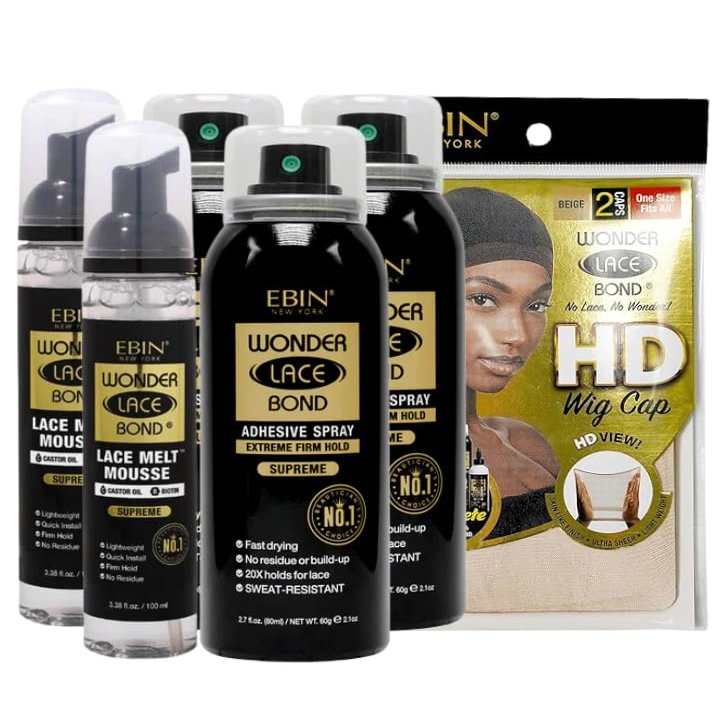 EBIN NEW YORK 2x Wonder Lace Melt Mousse bundle with 3x Wonder Bond Wig Adhesive Spray - Supreme & 1xWonder Lace Bond HD Caps Secure Melt & Precision Wig Application  Gift Set (6 Items)