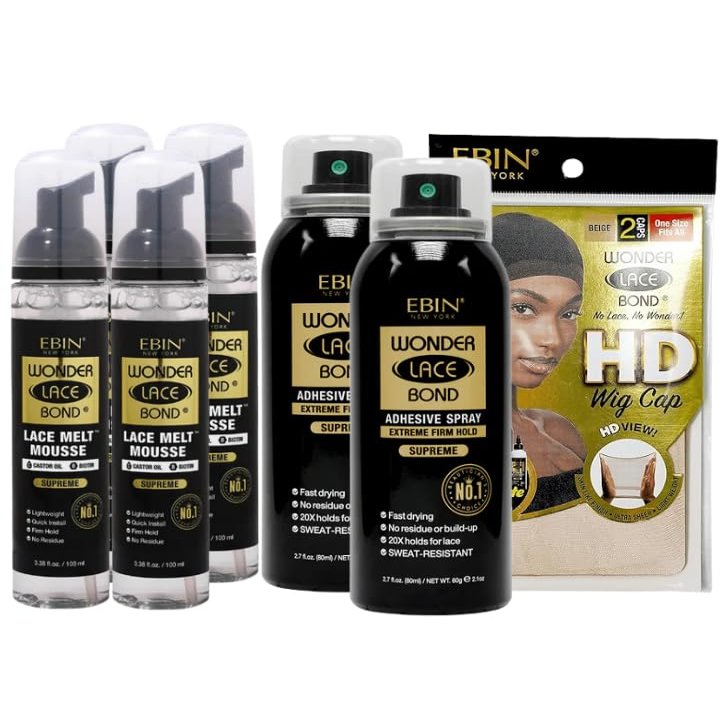 EBIN NEW YORK 4x Wonder Lace Melt Mousse bundle with 2x Wonder Bond Wig Adhesive Spray - Supreme & 1xWonder Lace Bond HD Caps Secure Melt & Precision Wig Application  Gift Set (7 Items)