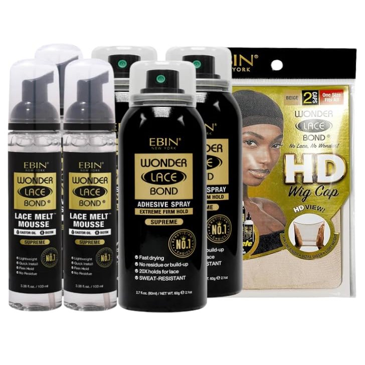 EBIN NEW YORK 3x Wonder Lace Melt Mousse bundle with 3x Wonder Bond Wig Adhesive Spray - Supreme & 1xWonder Lace Bond HD Caps Secure Melt & Precision Wig Application  Gift Set (7 Items)