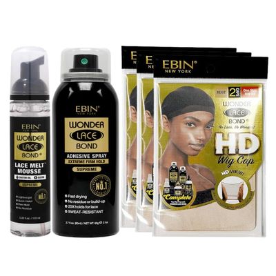 EBIN NEW YORK 1x Wonder Lace Melt Mousse bundle with 1x Wonder Bond Wig Adhesive Spray - Supreme & 3xWonder Lace Bond HD Caps Secure Melt & Precision Wig Application  Gift Set (5 Items)