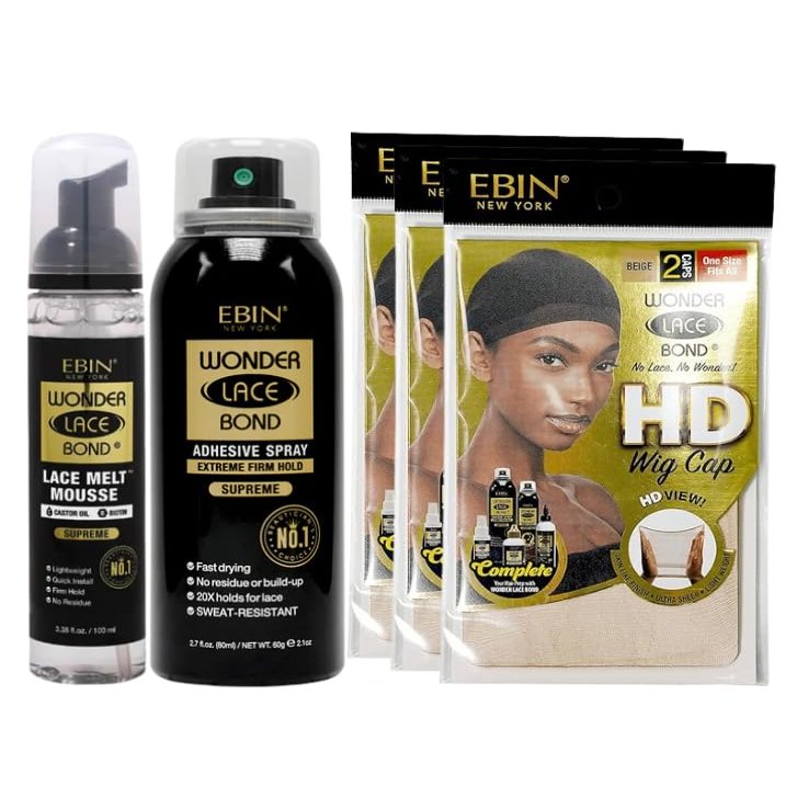 EBIN NEW YORK 1x Wonder Lace Melt Mousse bundle with 1x Wonder Bond Wig Adhesive Spray - Supreme & 3xWonder Lace Bond HD Caps Secure Melt & Precision Wig Application  Gift Set (5 Items)