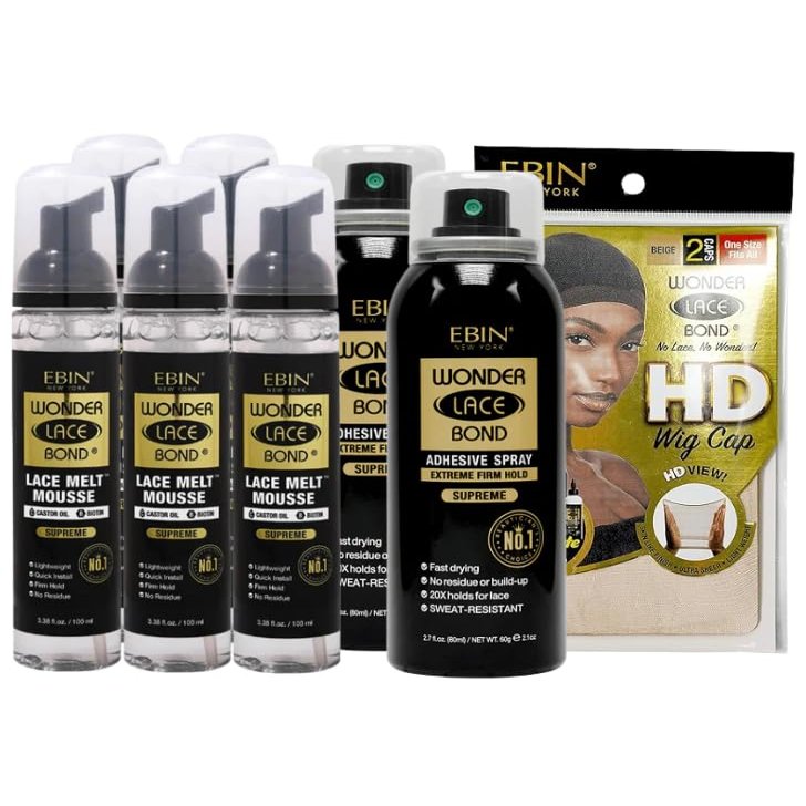 EBIN NEW YORK 5x Wonder Lace Melt Mousse bundle with 2x Wonder Bond Wig Adhesive Spray - Supreme & 1xWonder Lace Bond HD Caps Secure Melt & Precision Wig Application  Gift Set (8 Items)