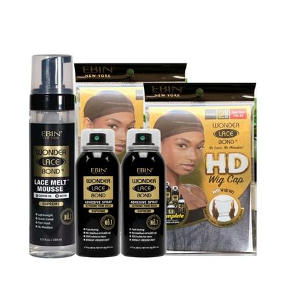 EBIN NEW YORK 1x Wonder Lace Melt Mousse bundle with 2x Wonder Bond Wig Adhesive Spray - Supreme & 2xWonder Lace Bond HD Caps Secure Melt & Precision Wig Application  Gift Set (5 Items)