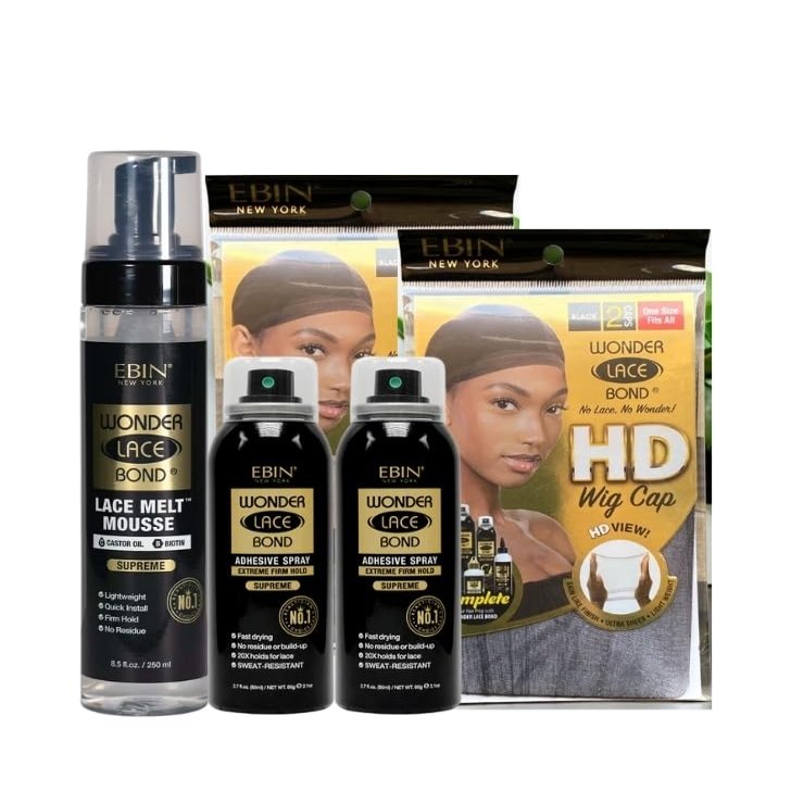 EBIN NEW YORK 1x Wonder Lace Melt Mousse bundle with 2x Wonder Bond Wig Adhesive Spray - Supreme & 2xWonder Lace Bond HD Caps Secure Melt & Precision Wig Application  Gift Set (5 Items)