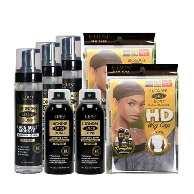 EBIN NEW YORK 3x Wonder Lace Melt Mousse bundle with 2x Wonder Bond Wig Adhesive Spray - Supreme & 2xWonder Lace Bond HD Caps Secure Melt & Precision Wig Application  Gift Set (7 Items)