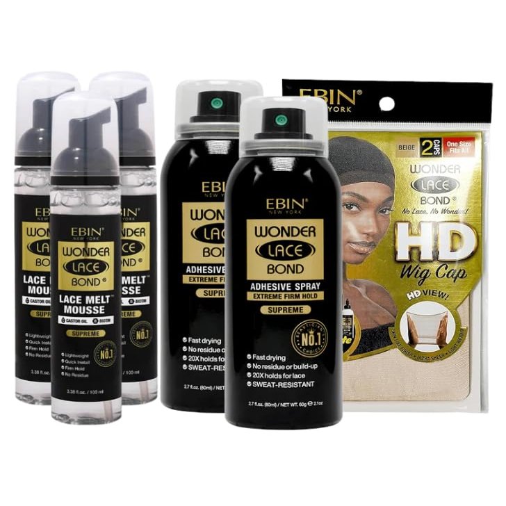 EBIN NEW YORK 3x Wonder Lace Melt Mousse bundle with 2x Wonder Bond Wig Adhesive Spray - Supreme & 1xWonder Lace Bond HD Caps Secure Melt & Precision Wig Application  Gift Set (6 Items)