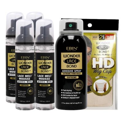 EBIN NEW YORK 4x Wonder Lace Melt Mousse bundle with 1x Wonder Bond Wig Adhesive Spray - Supreme & 1xWonder Lace Bond HD Caps Secure Melt & Precision Wig Application  Gift Set (6 Items)