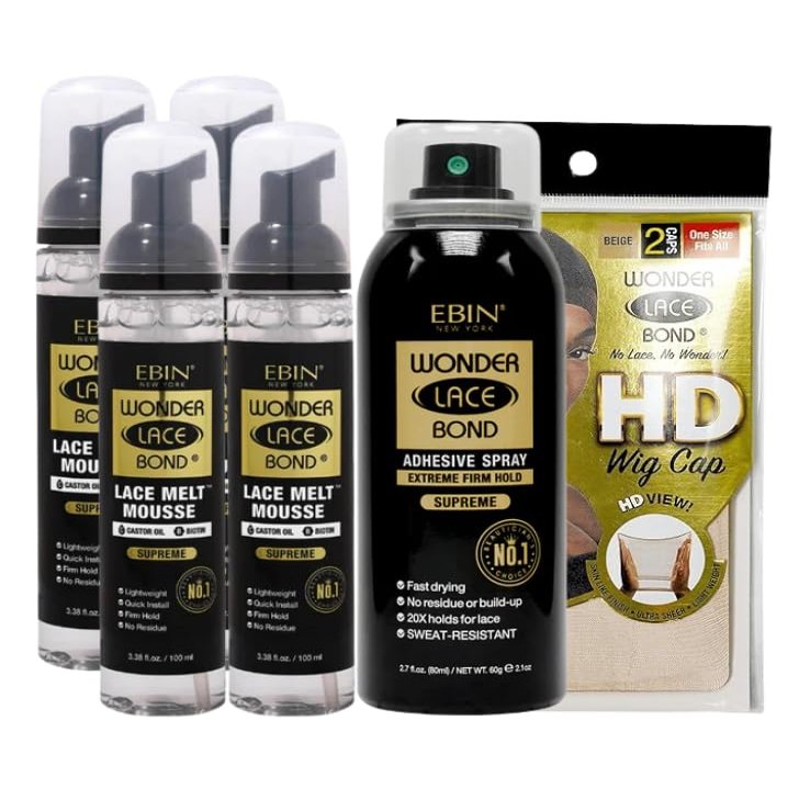 EBIN NEW YORK 4x Wonder Lace Melt Mousse bundle with 1x Wonder Bond Wig Adhesive Spray - Supreme & 1xWonder Lace Bond HD Caps Secure Melt & Precision Wig Application  Gift Set (6 Items)