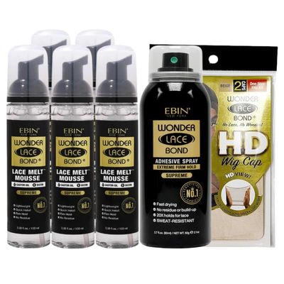 EBIN NEW YORK 5x Wonder Lace Melt Mousse bundle with 1x Wonder Bond Wig Adhesive Spray - Supreme & 1xWonder Lace Bond HD Caps Secure Melt & Precision Wig Application  Gift Set (7 Items)