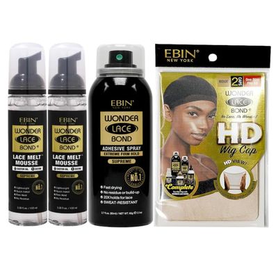 EBIN NEW YORK 2x Wonder Lace Melt Mousse bundle with 1x Wonder Bond Wig Adhesive Spray - Supreme & 1xWonder Lace Bond HD Caps Secure Melt & Precision Wig Application  Gift Set (4 Items)