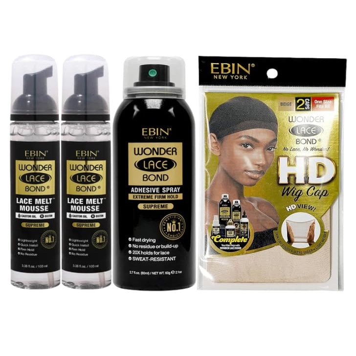 EBIN NEW YORK 2x Wonder Lace Melt Mousse bundle with 1x Wonder Bond Wig Adhesive Spray - Supreme & 1xWonder Lace Bond HD Caps Secure Melt & Precision Wig Application  Gift Set (4 Items)