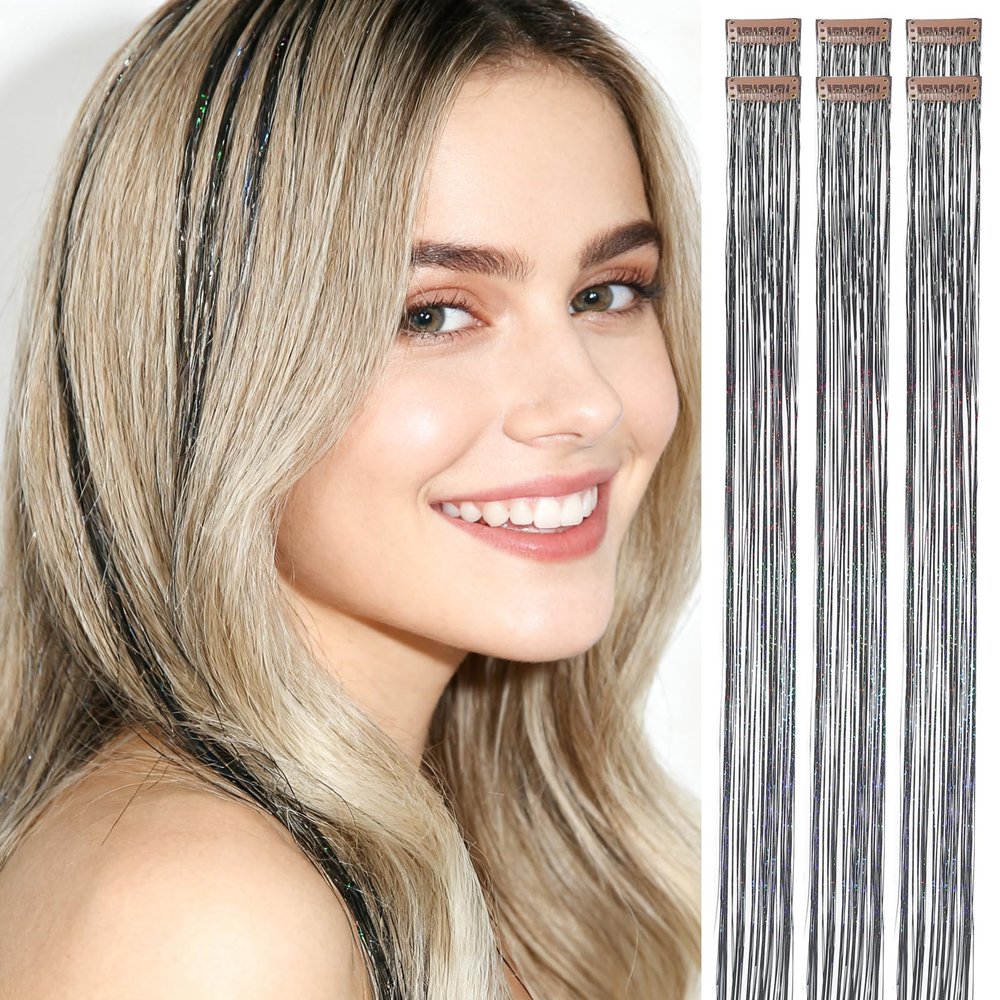HANDWIG Pearl Black Hair Tinsel,Clip in,75 Strands 24 Inches,Heat Resistant,Glitter Hair Strands for Women Adults for Emo Gothic Party Cosplay