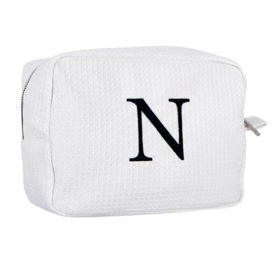 Personalized White Waffle Makeup Bag,Custom Embroidered Initial Cosmetic Pouch for Women,Monogrammed Cosmetic Case,Bridesmaid Gifts (N)